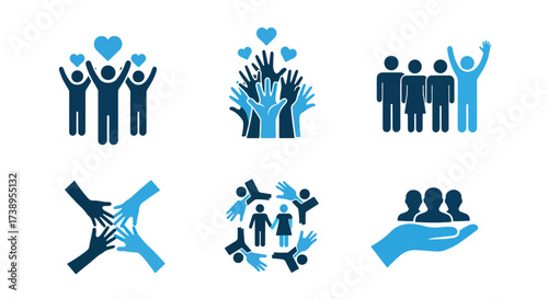 Diverse group community unity icon set people helping hands hearts solidarity symbol - Line and glyph solid icon and logo templete