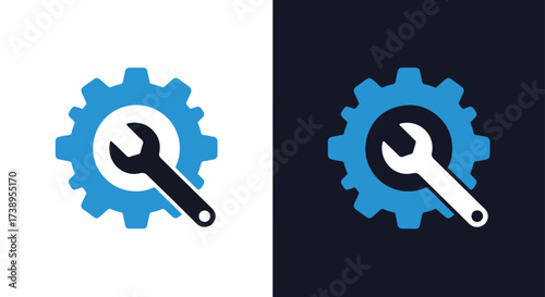 Gear and wrench icon symbolizing repair maintenance service and engineering solutions - Line and glyph solid icon and logo templete