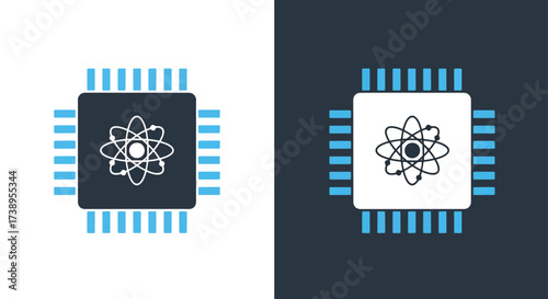 Modern atom icon and microchip symbol concept for science technology and innovation - Line and glyph solid icon and logo templete