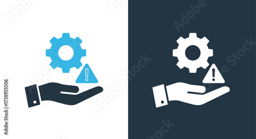 Hand holding gear and warning icon symbolizing technical support and problem resolution - Line and glyph solid icon and logo templete