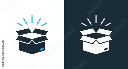 Open cardboard box icon with rays of light symbolizing surprise or delivery - Line and glyph solid icon and logo templete