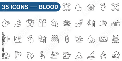 Set of 35 outline icons related to blood. Linear icon collection. Editable stroke. Vector illustration