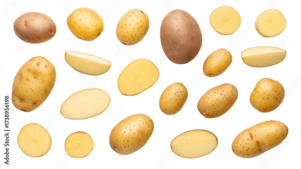 Obraz premium Potato PNG Set – Realistic Potatoes Isolated on Transparent Background: Whole, Peeled, Sliced, Wedges, Baked, Sprouting, Red, Yellow, Purple, Sweet, Fingerling, Baby, Rustic and Cut Variations