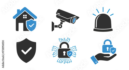 Home security icons set protect lock surveillance alarm shield safety system - Line and glyph solid icon and logo templete