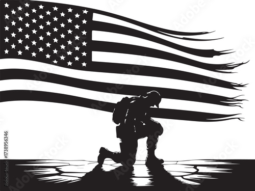 Soldier kneeling before tattered American flag