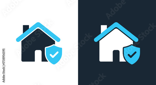 Modern home security icon with shield and checkmark symbol two tone - Line and glyph solid icon and logo templete