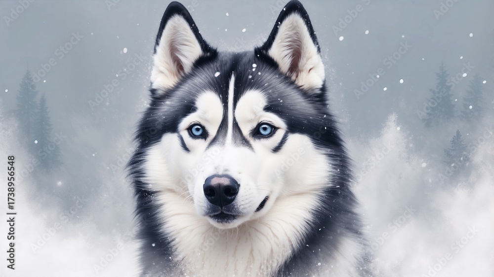 Fototapeta premium Abstract husky face blending into snowy brush tones.