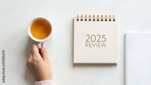 2025 review new year end planning notebook with hand holding tea cup calm workspace