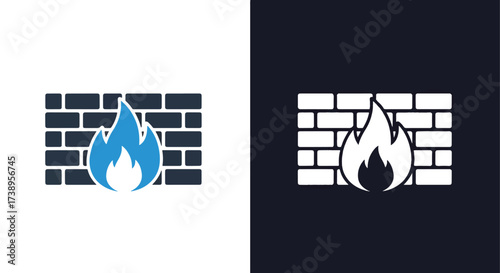 Digital firewall icon with blue flame security protection symbol technology concept - Line and glyph solid icon and logo templete