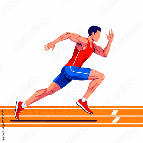 An energetic illustration of a male sprinter in full stride on a running track, showcasing speed and athletic performance