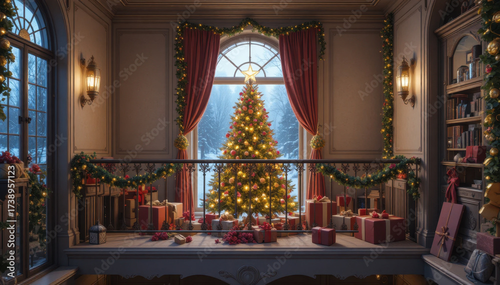 Obraz premium Beautifully decorated Christmas tree stands in cozy, elegant room adorned with garlands and lights, surrounded by wrapped gifts. warm glow creates festive and inviting atmosphere