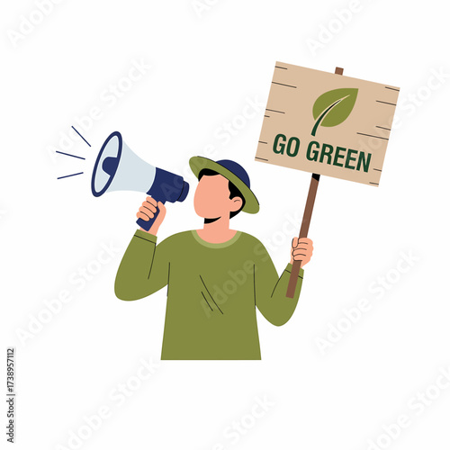 An illustration of a person holding a megaphone and a 'Go Green' sign with a leaf, symbolizing environmental advocacy and sustainability efforts