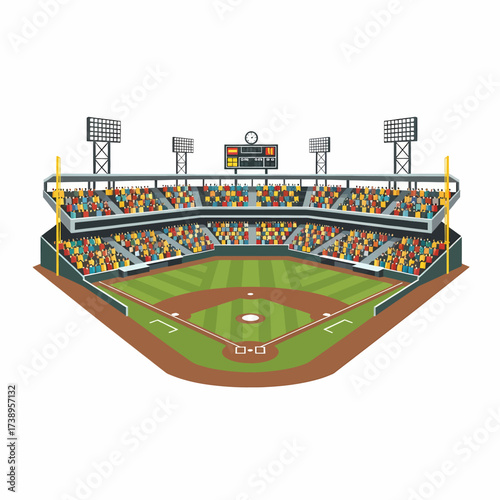 An isometric illustration of a vibrant baseball stadium filled with spectators. It features a green field, brown infield, a scoreboard, and stadium lights