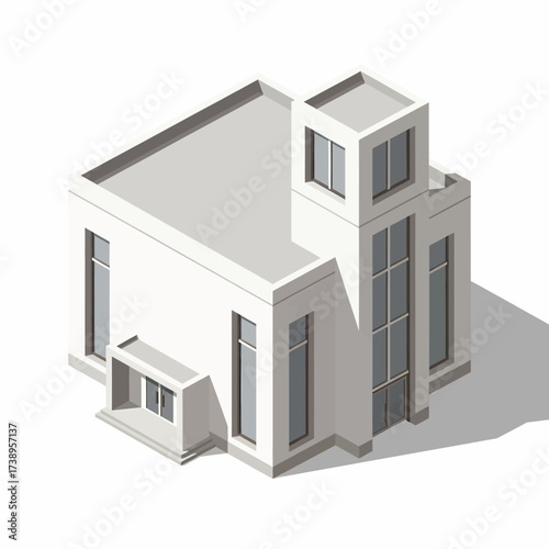 An isometric illustration of a modern, minimalist white building with clean lines, large windows, and a flat roof