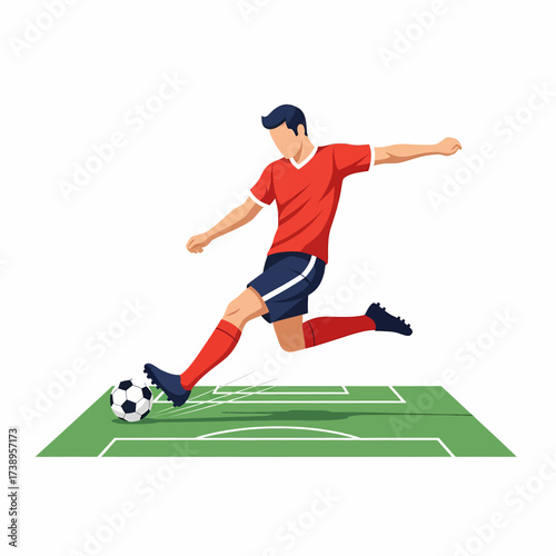 Dynamic illustration of a male soccer player in action, striking a football on a green field