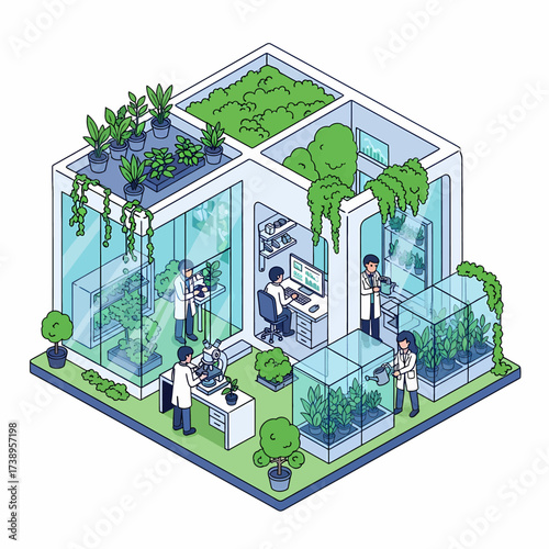 Isometric illustration of scientists researching plants in a modern lab with green technology, showing botanical experiments