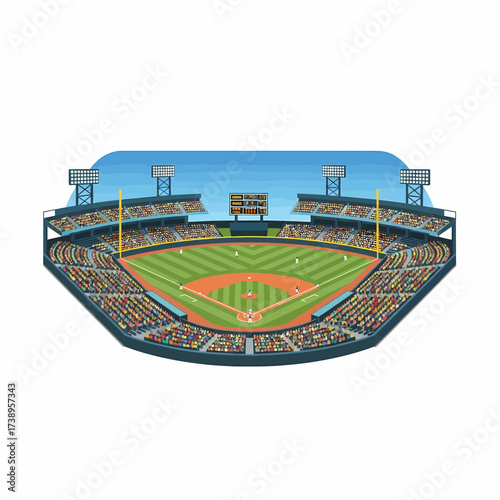 A vibrant illustration of a packed baseball stadium during a game, featuring players, a scoreboard, floodlights, and enthusiastic spectators