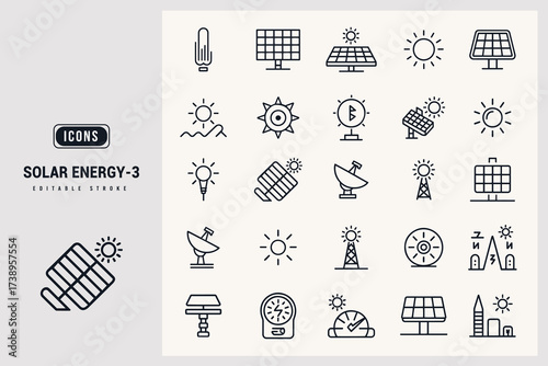 Solar Energy Icons Set Renewable Power Generation Technology White Background.