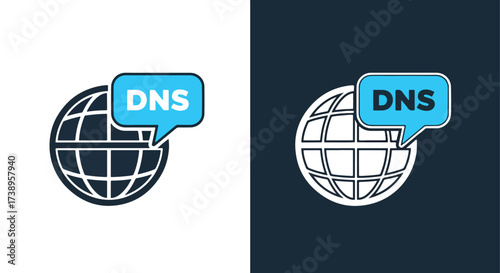Global dns icon with speech bubble signifying domain name system technology - Line and glyph solid icon and logo templete