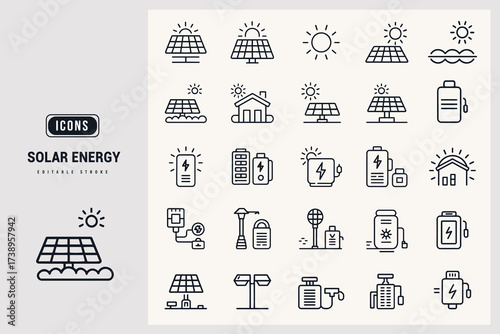 Modern Collection of Solar Energy Technology and Renewable Power Icons White Background.