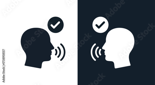 Verified voice communication glyph icon symbol with checkmark and sound waves - Line and glyph solid icon and logo templete