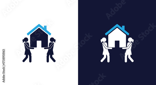 Two silhouettes carry a house icon with blue roof for moving services - Line and glyph solid icon and logo templete