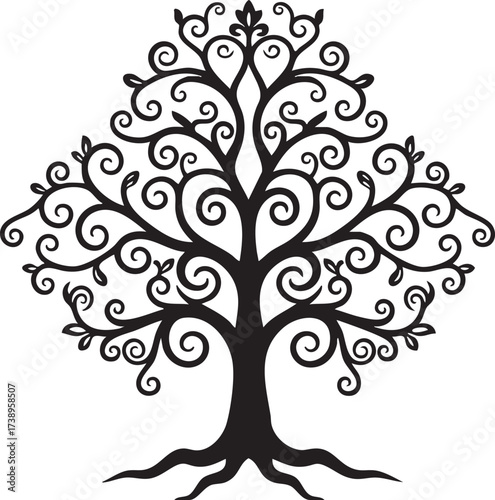 Intricate black silhouette of a flourishing tree with swirling branches isolated on transparent background