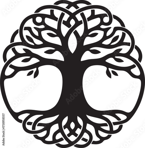 Intricate black silhouette of a celtic tree of life symbol isolated on transparent background