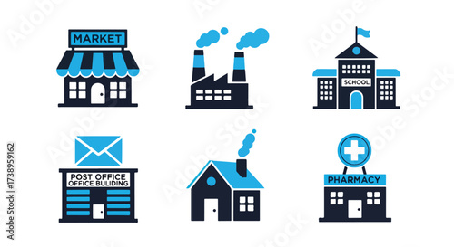 Set of six colorful building icons representing various businesses and institutions - Line and glyph solid icon and logo templete