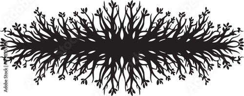 Intricate black silhouette of a symmetrical floral branch design isolated on transparent background