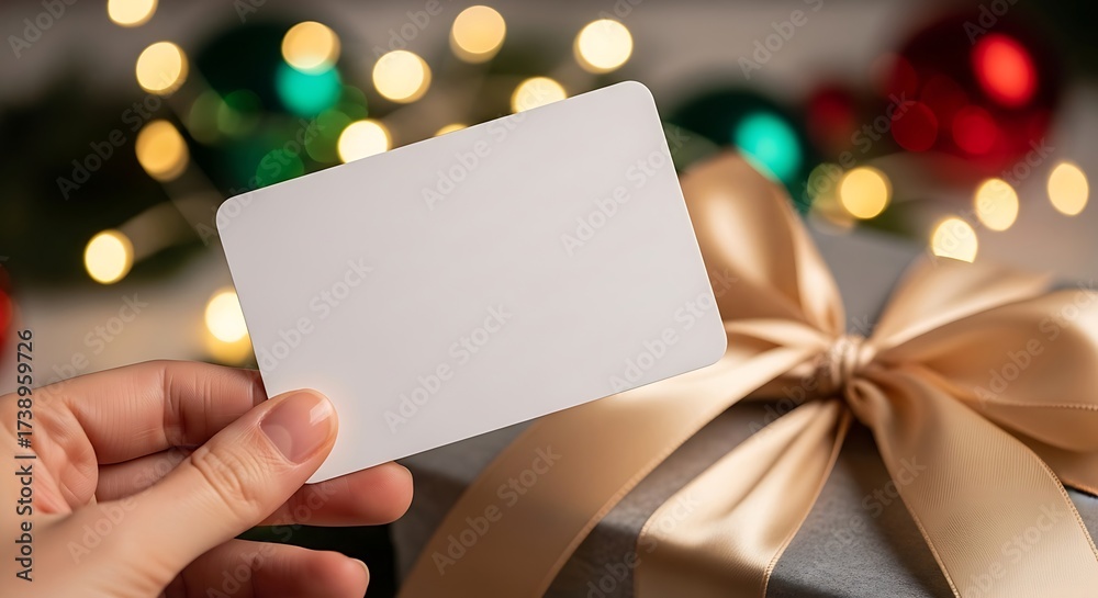 Obraz premium Blank Card Held Over Gift Box with Bokeh Christmas Lights Background.