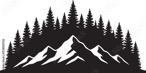 Majestic mountain range with dense pine forest silhouette isolated on white background