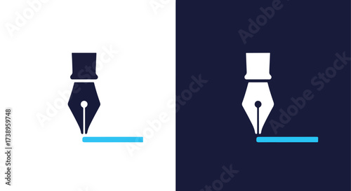 Elegant fountain pen writing symbol icon silhouette on split background - Line and glyph solid icon and logo templete