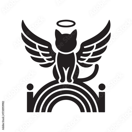 Angel Cat with Wings Sitting on Rainbow Bridge Vector