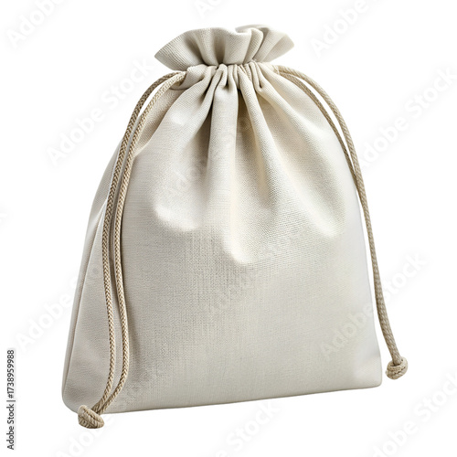 Beige Drawstring Pouch Made of Textured Fabric on White Background textile