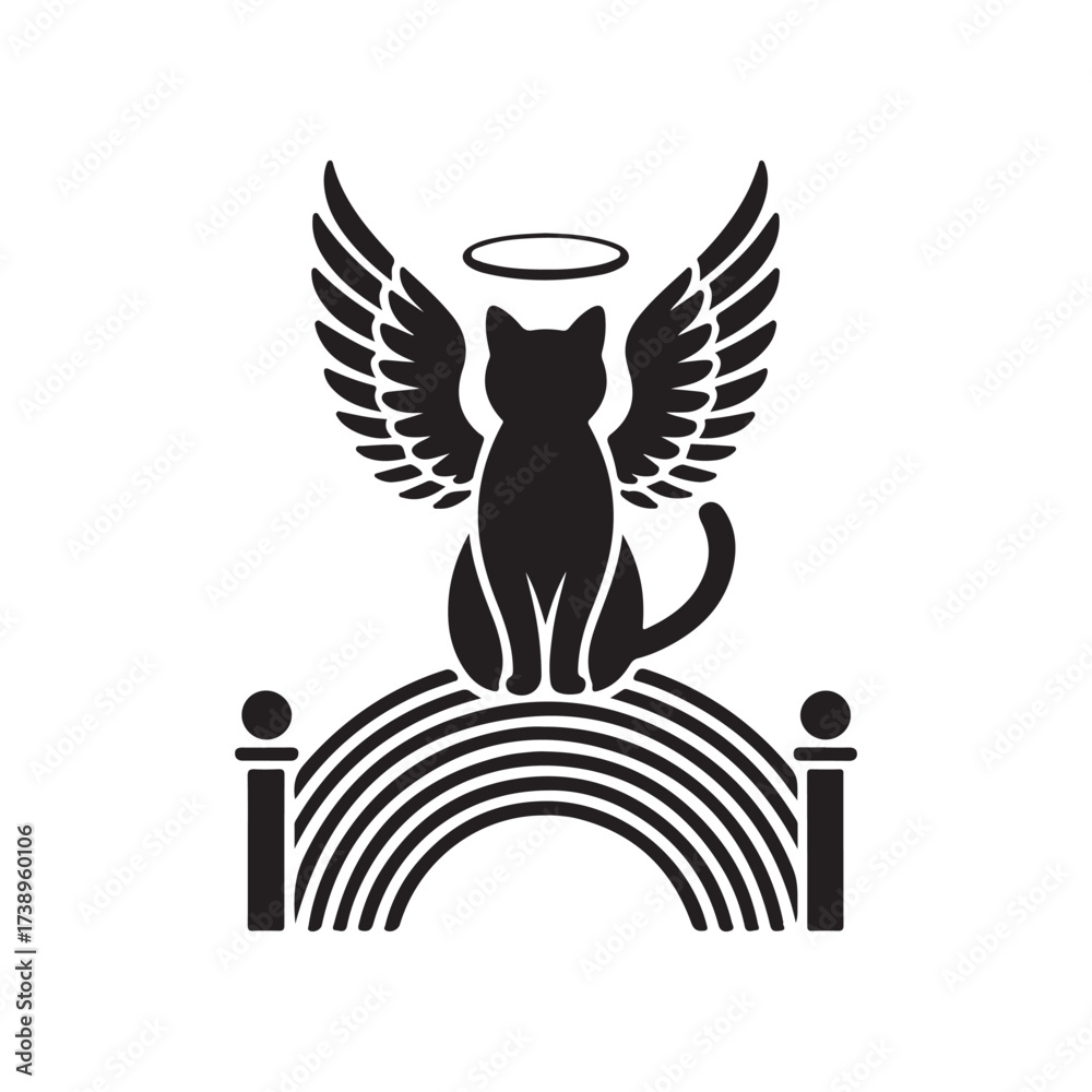 Fototapeta premium Angel Cat with Wings Sitting on Rainbow Bridge Vector