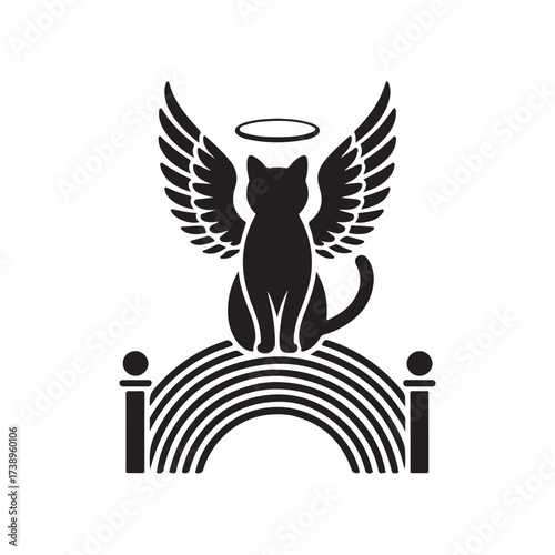 Angel Cat with Wings Sitting on Rainbow Bridge Vector