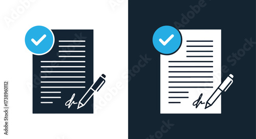 Digital signature icon document approved contract signed pen checkmark agreement - Line and glyph solid icon and logo templete