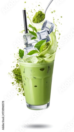 Flying matcha latte drink isolated background with matcha powder, ice, and foam apart. Perfect for food advertising, restaurant promotions, menu designs.