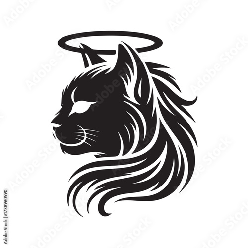 Elegant Cat Angel Silhouette with Halo Vector