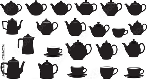 Vintage silhouette icons of kitchen utensils, tea, and coffee set drawing
