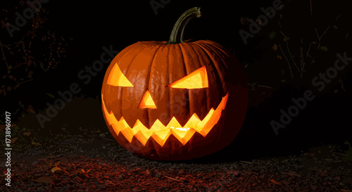 Glowing Jack-o-Lantern with Triangular Eyes and Jagged Smile on Dark Background.