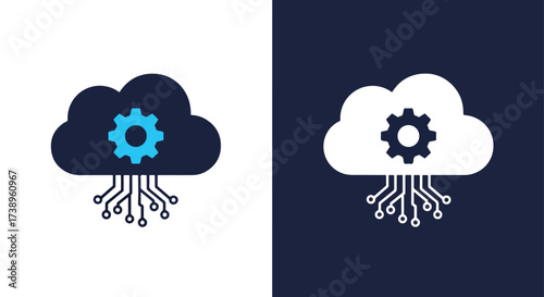 Digital cloud computing icon with gears and circuitry for technology services - Line and glyph solid icon and logo templete