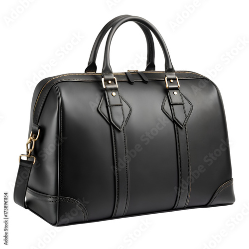 Black Leather Duffle Bag with Gold Zippers and Straps travel luggage