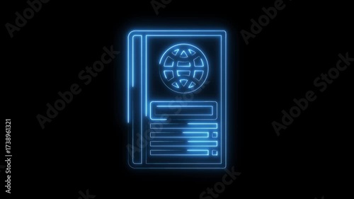 Neon passport outline animation on black background represents travel and international identification