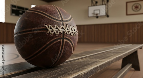 A vintage leather basketball with intricate lacing rests on a wooden bench in a dimly lit gymnasium.