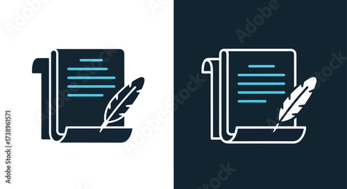 Classic quill pen and scroll icon represents writing history knowledge literature - Line and glyph solid icon and logo templete