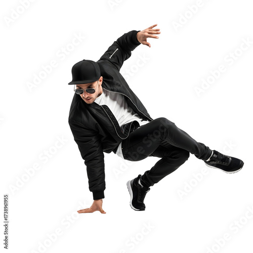 A dynamic young dancer performing a stylish breakdance move. His movements reflect energy, focus, and passion, isolated on transparent background
