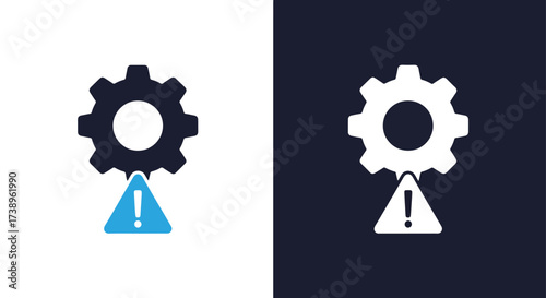 Gear with exclamation mark warning icon for technical issue troubleshooting and maintenance - Line and glyph solid icon and logo templete