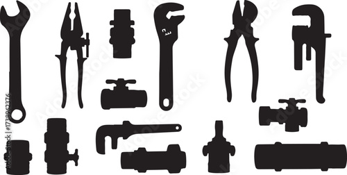 Set of metal tools and steel equipment for your design, including a black handgun silhouette and a white isolated clamp